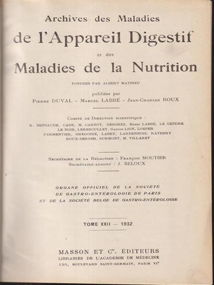   Archives des maladies de l'appareil digestif et de la nutrition 1938 2vv - copertina