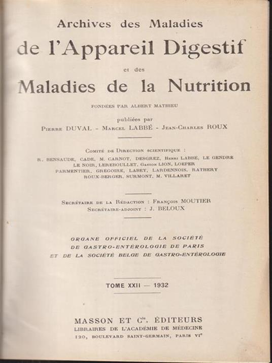   Archives des maladies de l'appareil digestif et de la nutrition 1938 2vv - copertina