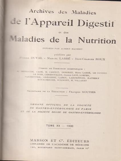  Archives des maladies de l appareil digestif et de la nutrition 1930 - copertina