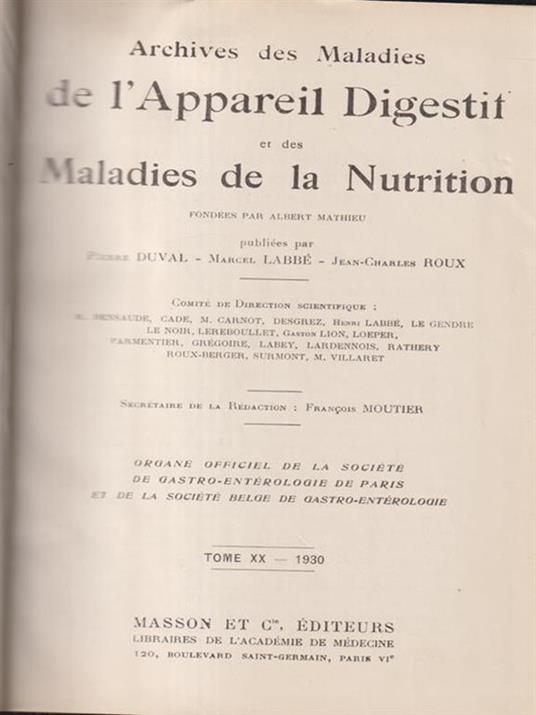   Archives des maladies de l appareil digestif et de la nutrition 1930 - copertina