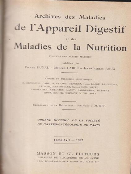   Archives des maladies de l'appareil digestif et de la nutrition 1927 - copertina