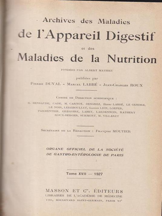   Archives des maladies de l'appareil digestif et de la nutrition 1927 - copertina