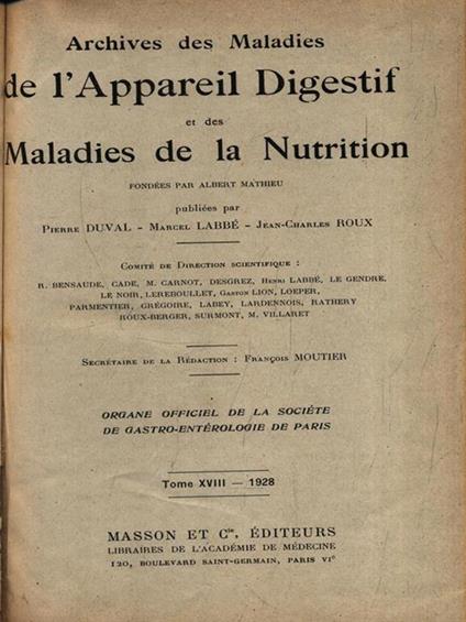   Archives des maladies de l'appareil digestif et de la nutrition 1928 - copertina