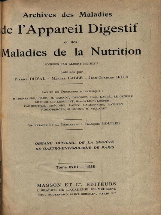  Archives des maladies de l'appareil digestif et de la nutrition 1928 - copertina
