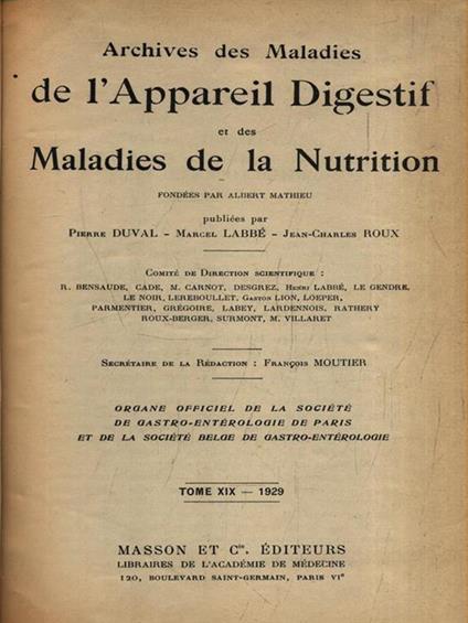   Archives des maladies de l'appareil digestif et de la nutrition 1929 - copertina