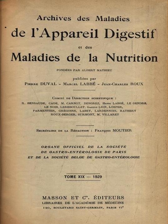   Archives des maladies de l'appareil digestif et de la nutrition 1929 - copertina