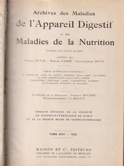   Archives des maladies de l'appareil digestif et de la nutrition 1933 tomo I - copertina
