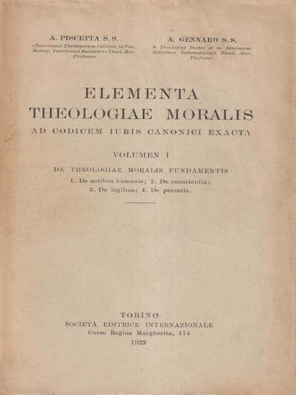 Elementa theologiae moralis vol I - copertina