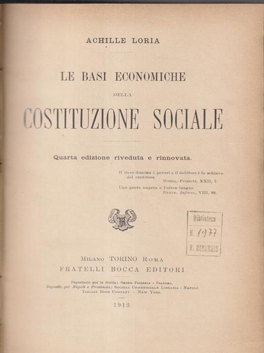 Le basi economiche della costituzione sociale - Achille Loria - copertina