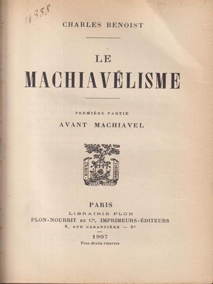Le machiavelisme - Charles Benoist - copertina