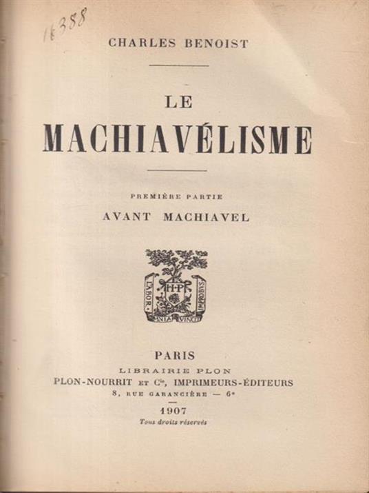 Le machiavelisme - Charles Benoist - copertina