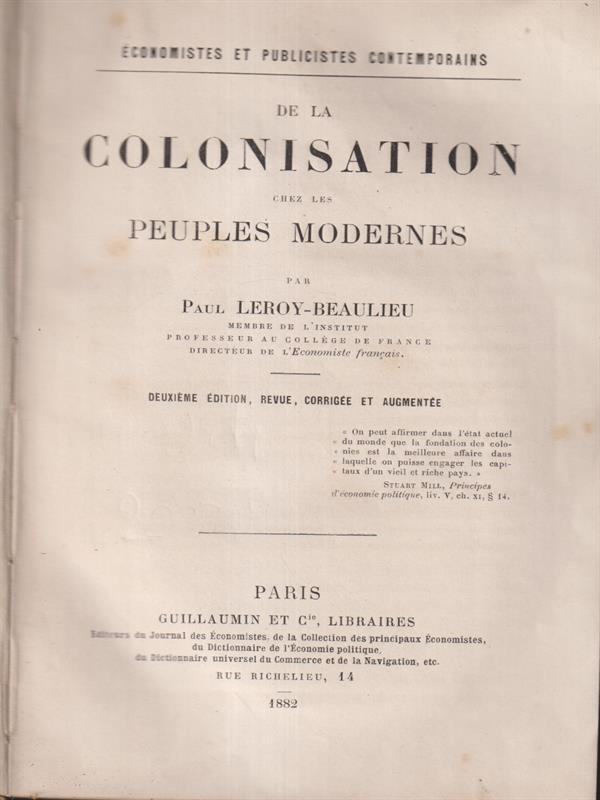 De la colonisation chez les peuples modernes