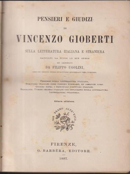 Pensieri e giudizi sulla letteratura italiana e straniera - Gioberti - copertina