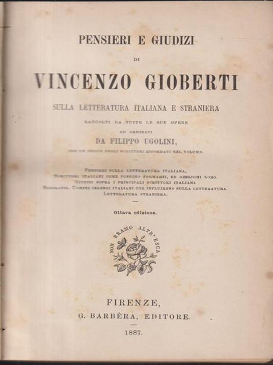 Pensieri e giudizi sulla letteratura italiana e straniera - Gioberti - copertina