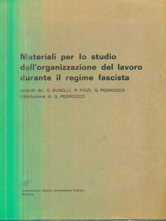 Materiali per lo studio dell'organizzazione del lavoro durante il regime fascista - copertina