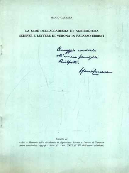 Estratto: La sede dell'accademia di agricoltura scienze e lettere di Verona - Mario Carrara - copertina