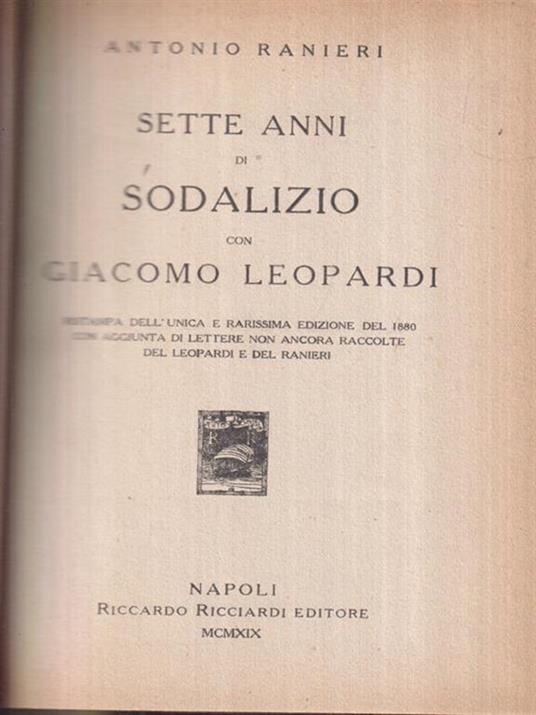 Sette anni di sodalizio con Giacomo Leopardi - Antonio Ranieri - copertina