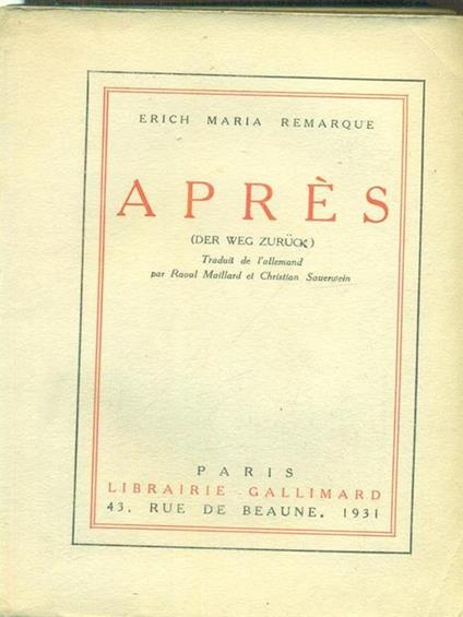 Apres - Erich Maria Remarque - copertina