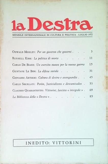 La Destra n. 7/Luglio 1972 - copertina