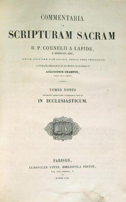 Commentaria in Scripturam Sacram R.P. Cornelii a lapide Tomus Nonus - copertina
