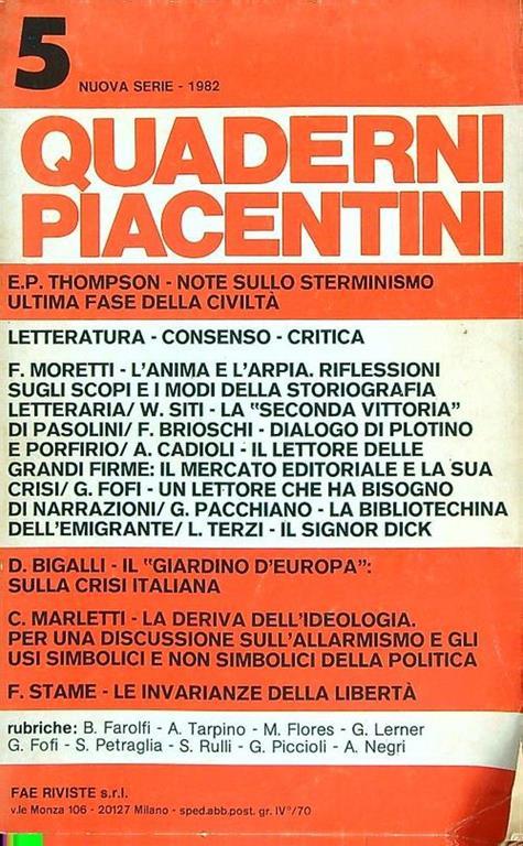 Quaderni piacentini 5/1982 - copertina