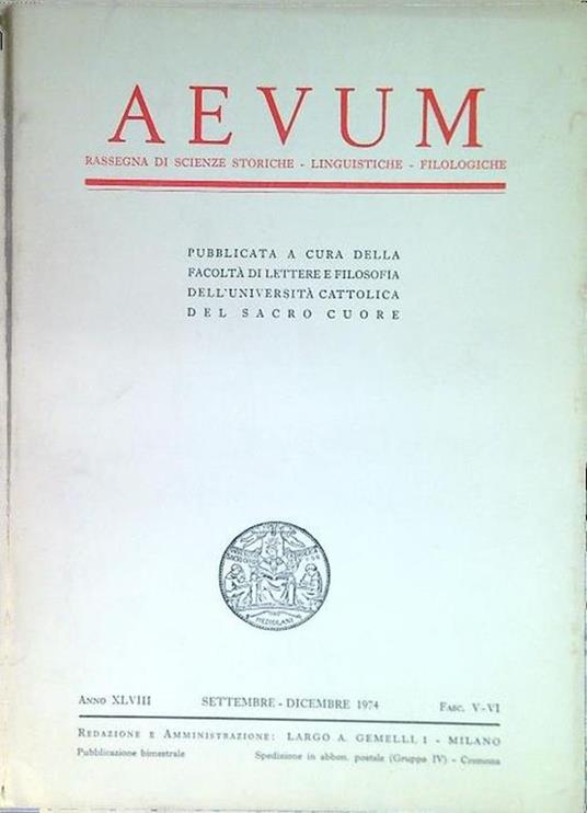 Aevum - Anno XLVIII Settembre Dicembre 1974 Fascicolo V-VI - copertina
