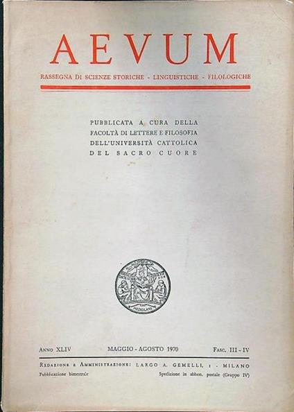 Aevum - Anno XLIV maggio-agosto 1970 Fascicolo III-IV - copertina