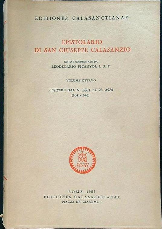 Epistolario di San Giuseppe Calasanzio volume ottavo - copertina