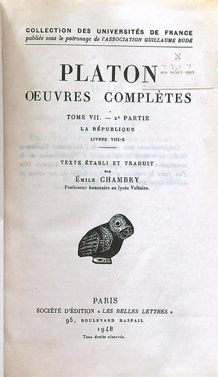 Oeuvres completes tome VII 2 partie La republique livres VIII-X - Platone - copertina