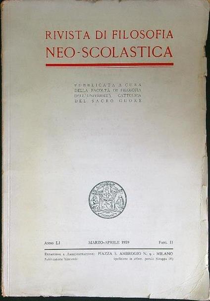 Rivista di filosofia neo-scolastica Anno LI Marzo-Aprile 1959 Fasc II - copertina