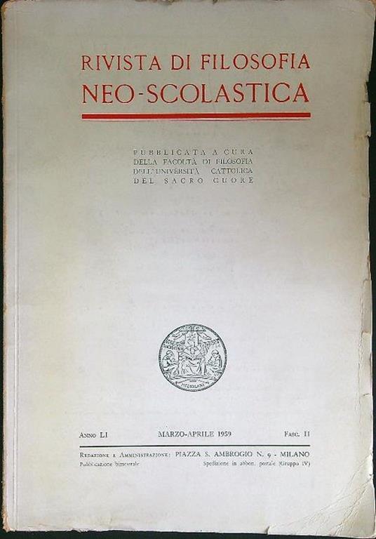 Rivista di filosofia neo-scolastica Anno LI Marzo-Aprile 1959 Fasc II - copertina