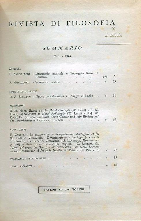 Rivista di filosofia annata 1974 - copertina