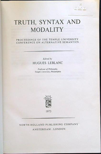 Truth, syntax and modality - copertina