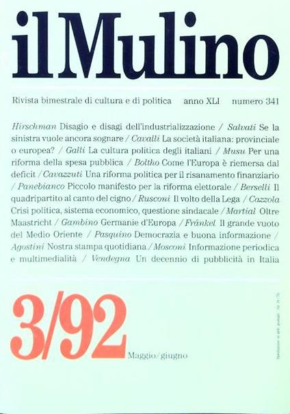 il Mulino 341 - 3/Maggio Giugno 1992 - copertina
