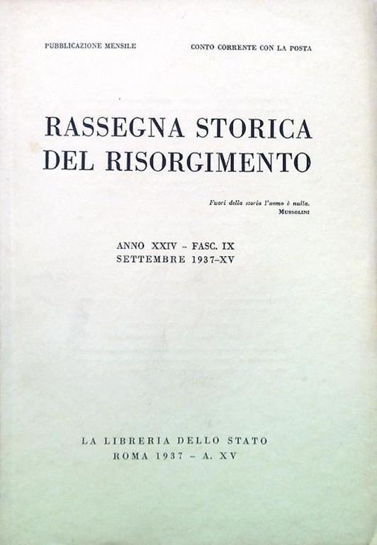 Rassegna storica del Risorgimento - Anno XXIV Fasc. IX Settembre 1937-XV - copertina