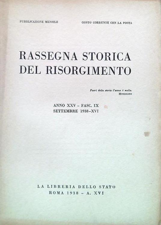 Rassegna storica del Risorgimento - Anno XXV Fasc. IX Settembre 1938-XVI - copertina