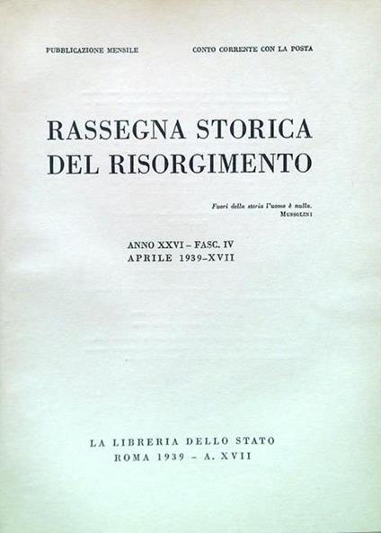 Rassegna storica del Risorgimento - Anno XXVI Fasc. IV Aprile 1939-XVII - copertina