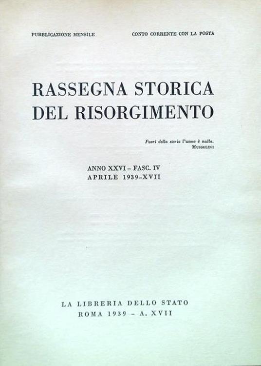 Rassegna storica del Risorgimento - Anno XXVI Fasc. IV Aprile 1939-XVII - copertina