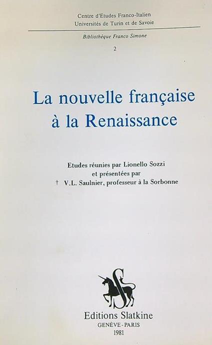 nouvelle française à la Renaissance. Estratto - Lionello Sozzi - copertina