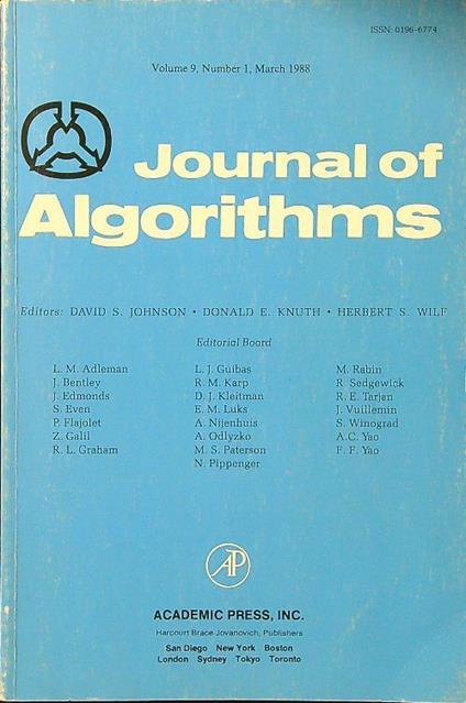 Journal of Algorithms vol. 9, n. 1/March 1988 - copertina