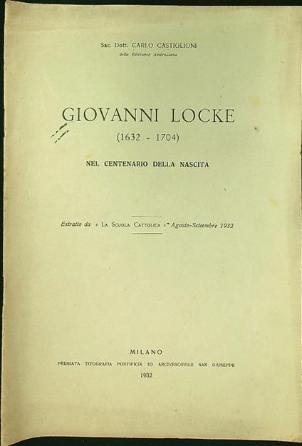 Giovanni Locke 1632-1704 - Estratto - Carlo Castiglioni - copertina