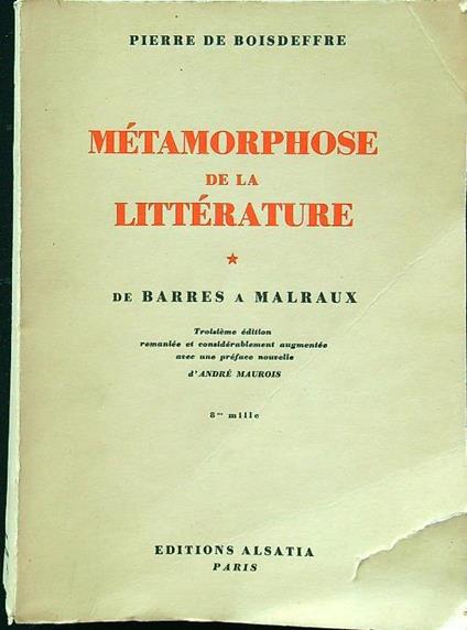 Metamorphose de la literature tome 1 - Pierre De Boisdeffre - copertina
