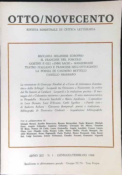 Otto/Novecento n. 1 gennaio-febbraio 1988 - Umberto Colombo - copertina