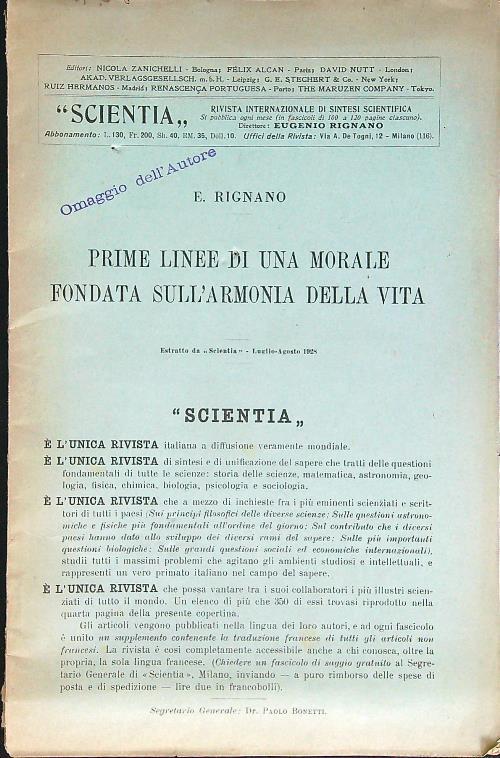 Scientia. Prime linee di una morale fondata sull'armonia della vita - Eugenio Rignano - copertina