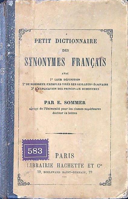 Petite Dictionnaire des Synonimes Francais - E. Sommer - copertina