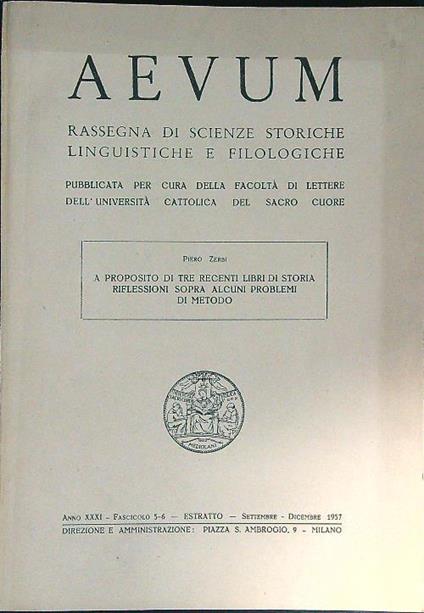 Aevum. Anno XXI, Fascicolo 5-6. Estratto. Set-Dic 1957 - copertina