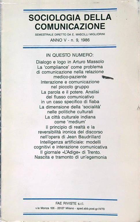 Sociologia della comunicazione anno V n. 9/1986 - copertina