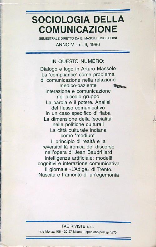 Sociologia della comunicazione anno V n. 9/1986