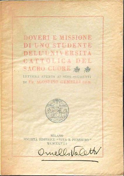 Doveri e missione di uno studente dell'università cattolica del sacro cuore - Agostino Gemelli - copertina