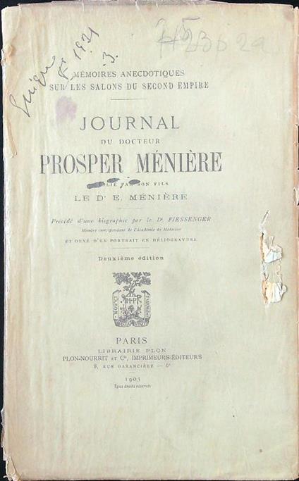 Journal du docteur Prosper Ménière - copertina